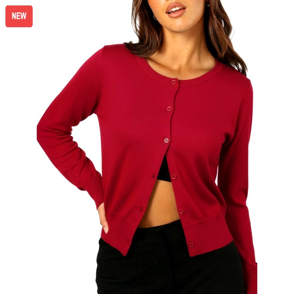 Cropped Cardigan Sweater Long Sleeve Crewneck Knit Button Up Lightweight Shrug - Picture 1 of 7